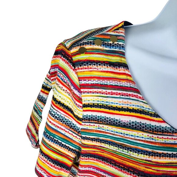 Rafaella Top Size L Large Slit on Short Sleeves Multi Color Stripes Buttons - Picture 5 of 13